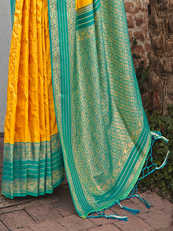 Women's Yellow Silk Woven Work Traditional Saree - Sangam Prints