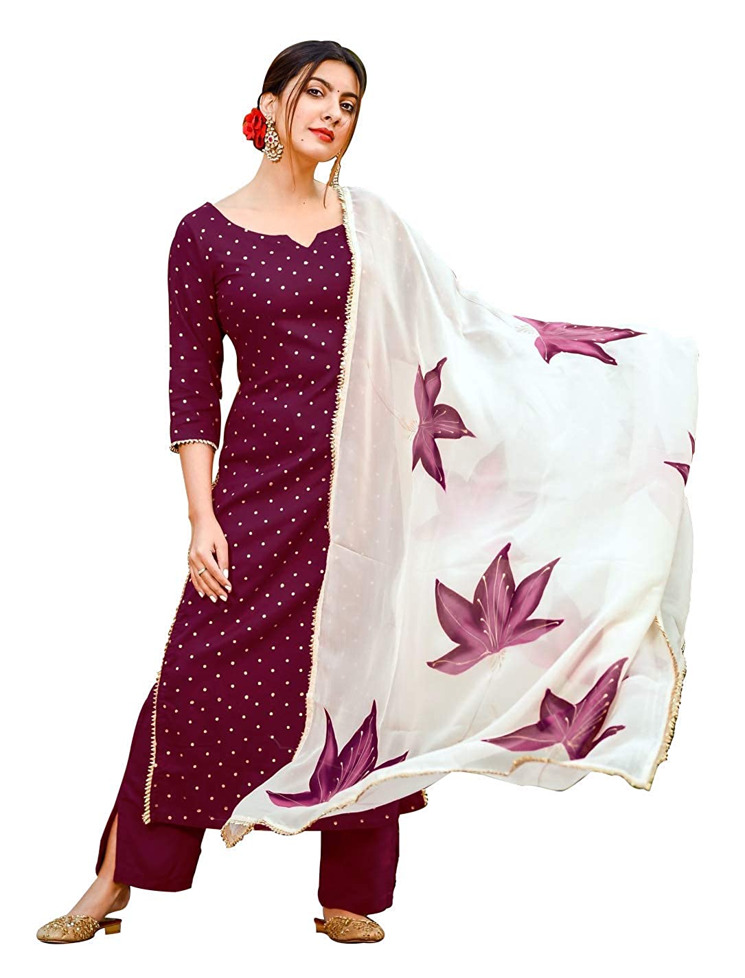 Women's Wine Cotton Printed Kurta Palazzo Set With Dupatta - Navyaa