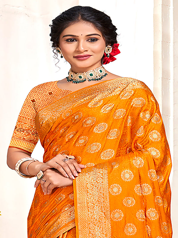 Women's Yellow Silk Woven Work Traditional Saree - Sangam Prints