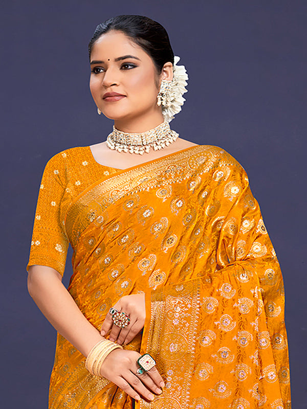 Women's Yellow Silk Woven Work Traditional Saree - Sangam Prints