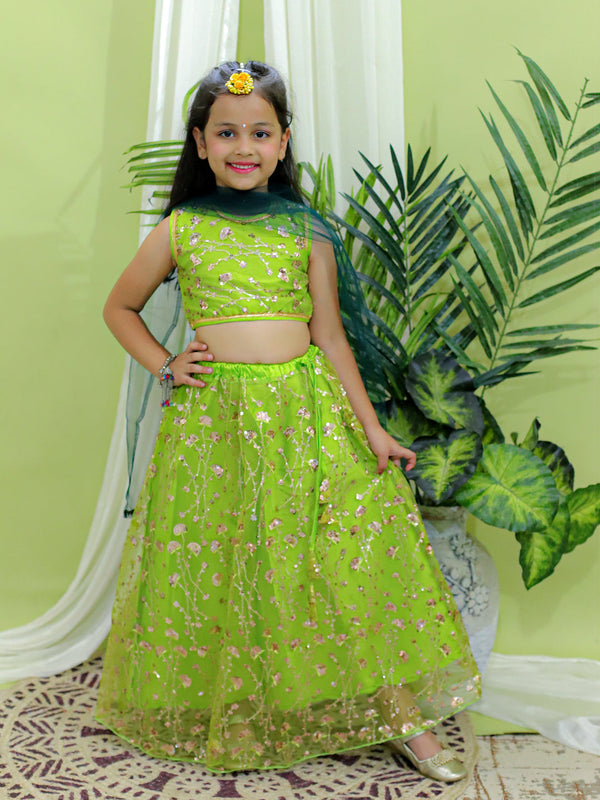 Girl's Green Ethnic Festive And Wedding Wear Sequin Party Lehenga Choli With Dupatta For - BOWNBEE