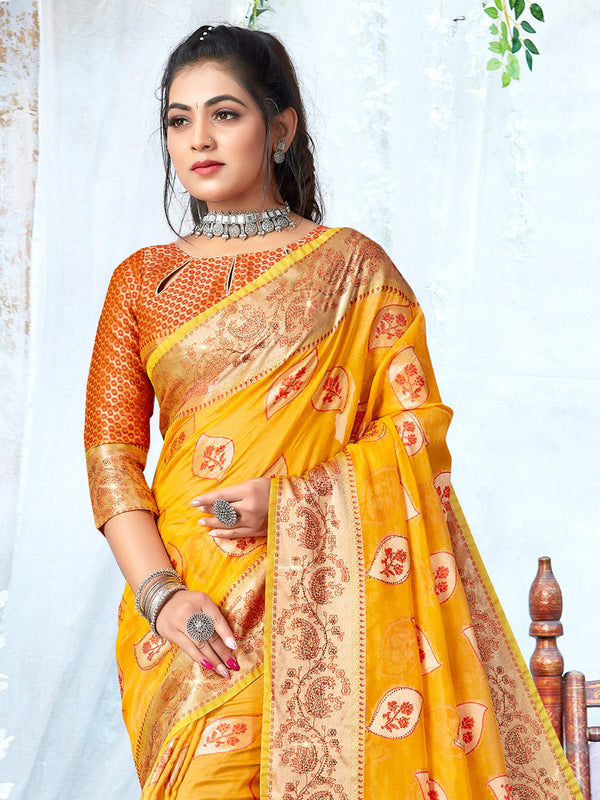 Women's Yellow Organza Siroski Stone Work Traditional Tassle Saree - Sangam Prints