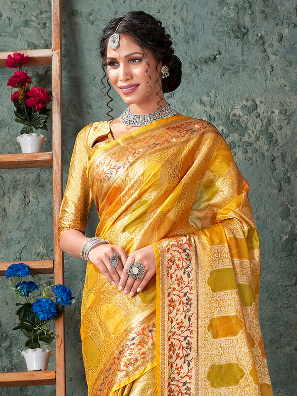 Women's Yellow SILK  Siroski Stone Work Traditional Tassle Saree - Sangam Prints