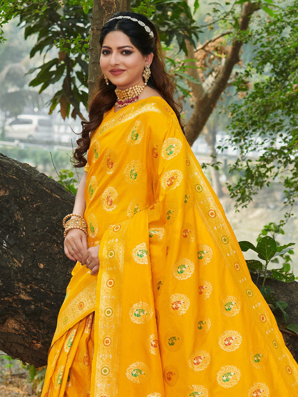 Women's Yellow Organza Siroski Stone Work Traditional Tassle Saree - Sangam Prints