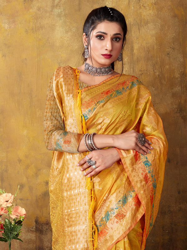 Women's Yellow ORGANZA  Siroski Stone Work Traditional Tassle Saree - Sangam Prints