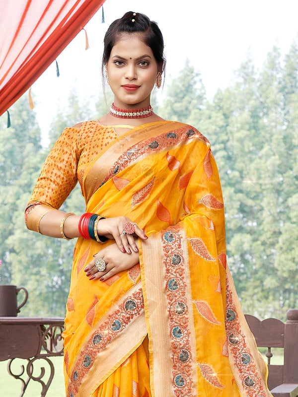 Women's Yellow ORGANZA  Siroski Stone Work Traditional Tassle Saree - Sangam Prints