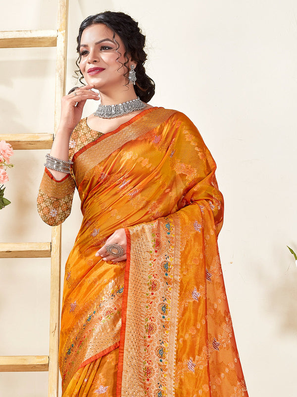 Women's Yellow ORGANZA Siroski Stone Work Traditional Tassle Saree - Sangam Prints