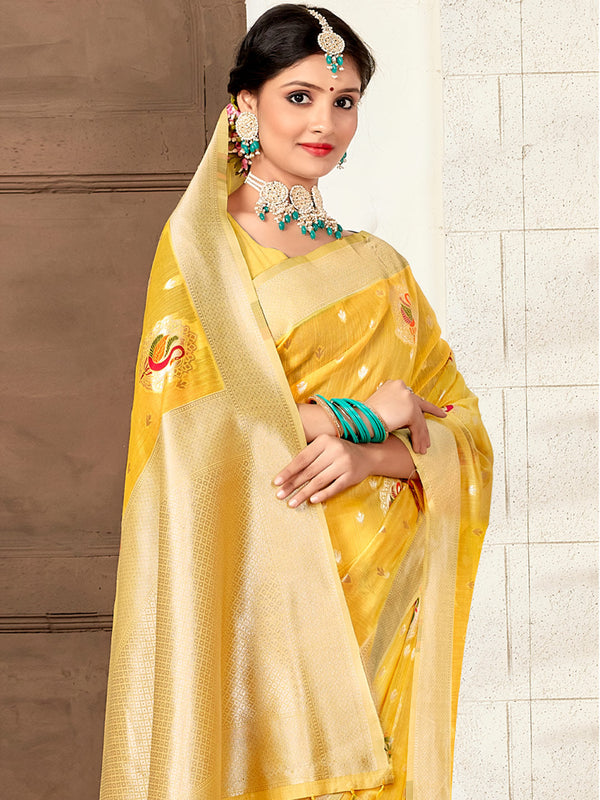 Women's Yellow Cotton Woven Work Traditional Tassle Saree - Sangam Prints