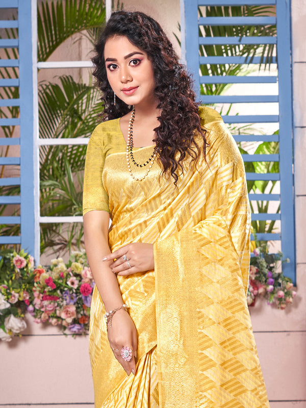 Women's Yellow Cotton Woven Work Traditional Tassle Saree - Sangam Prints