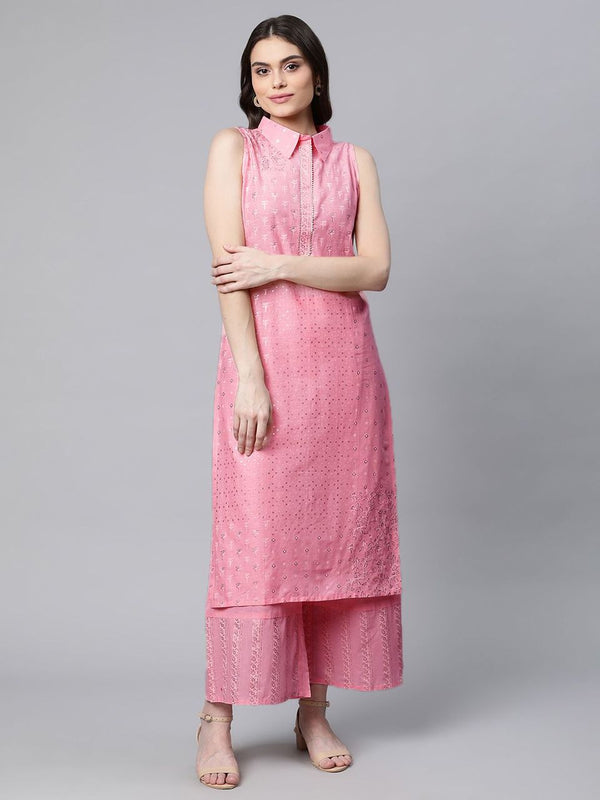 Light Pink Pure Cotton Printed Kurta Palazzo Set