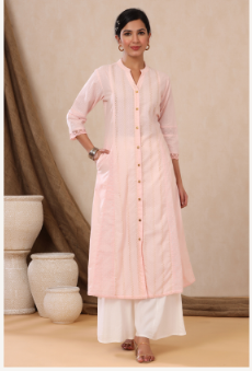 Women's Babypink Cotton Dobby Printed A-Line Kurta with Mask - Juniper