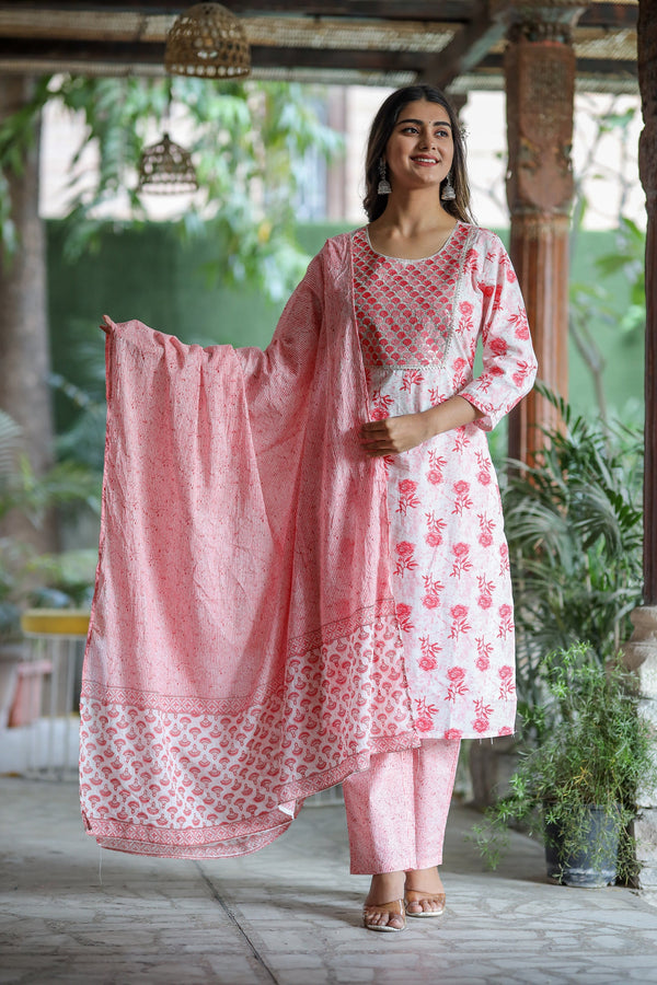 Women's Peach Embroidered Cotton Suit Set - Benaaz