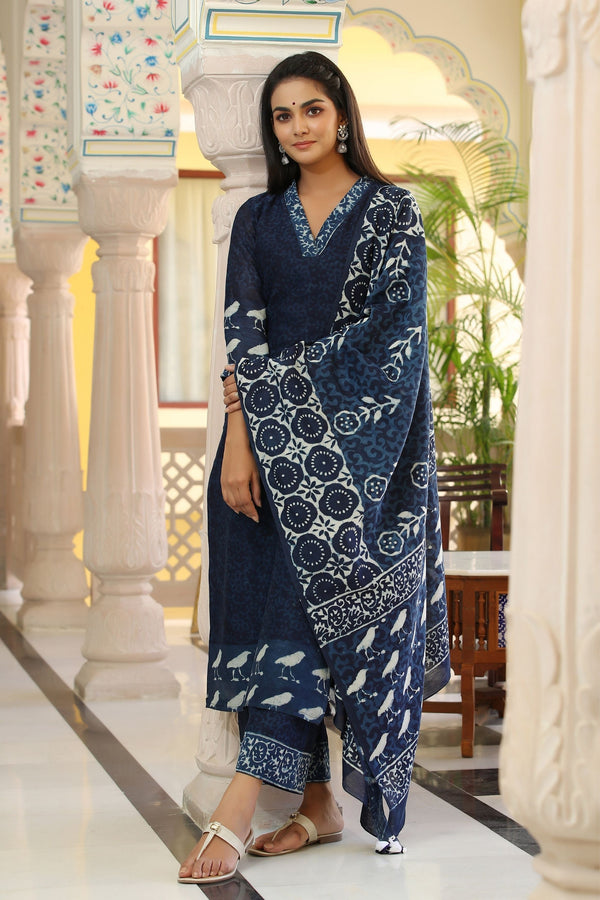 Women's Neelgar Indigo Pure Chanderi Suit Set-Gillori