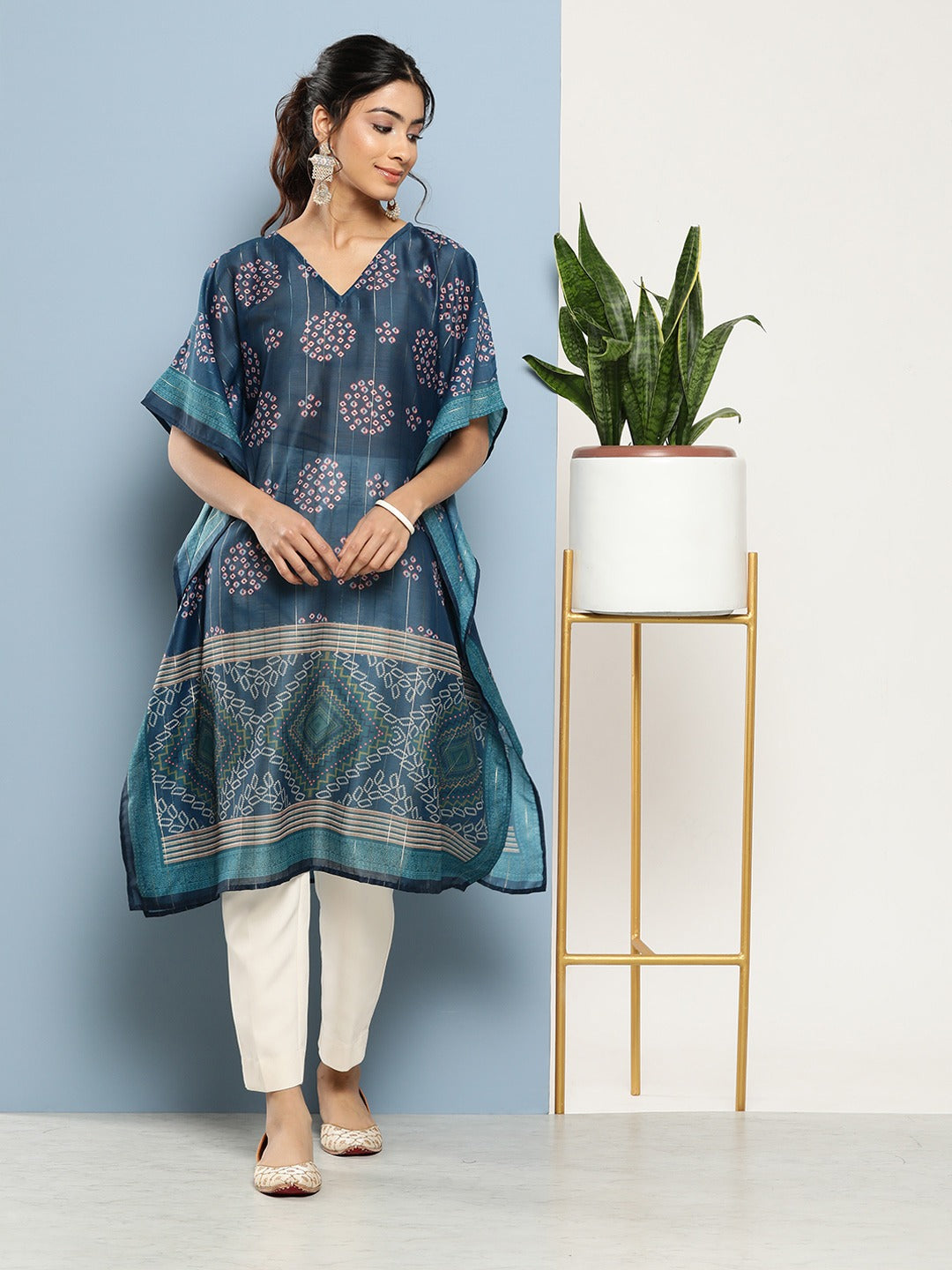 Bandhani Blue Printed Kaftan Kurta-Indiakreations-JS1211KFTBLS