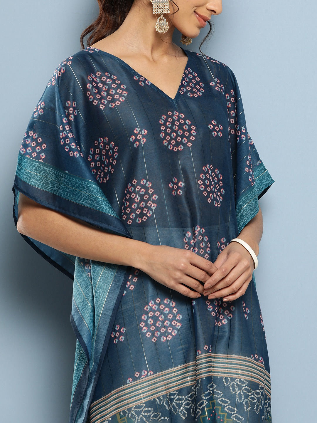 Bandhani Blue Printed Kaftan Kurta-Indiakreations-JS1211KFTBLS