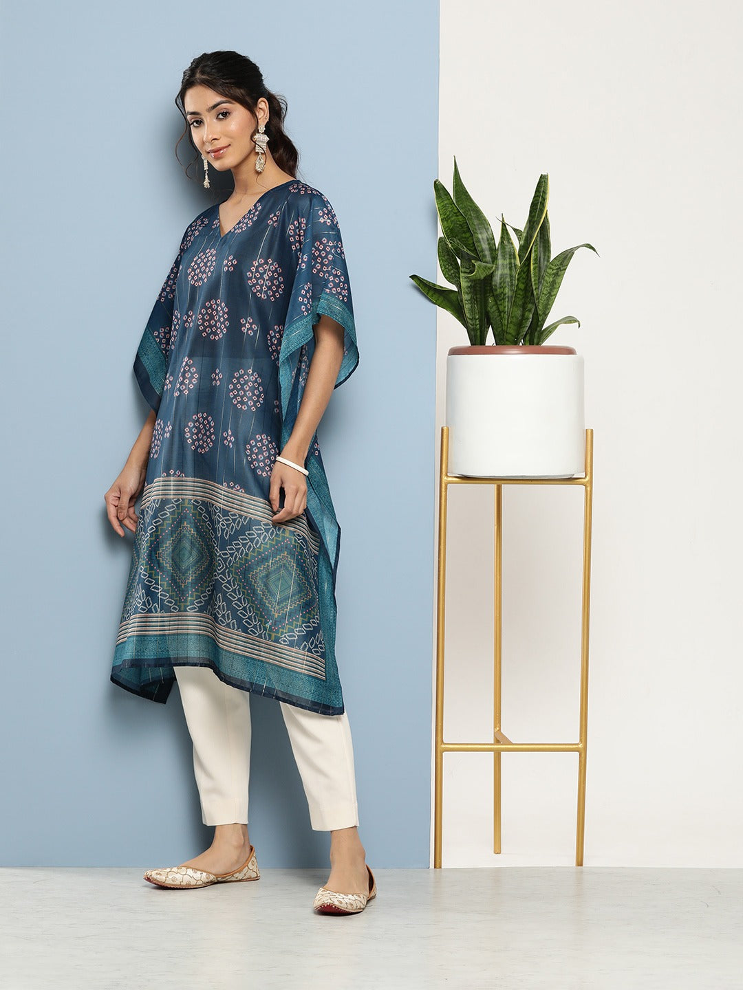 Bandhani Blue Printed Kaftan Kurta-Indiakreations-JS1211KFTBLS