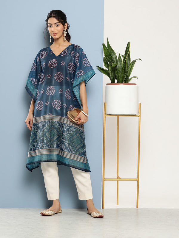 Bandhani Blue Printed Kaftan Kurta-Indiakreations-JS1211KFTBLS