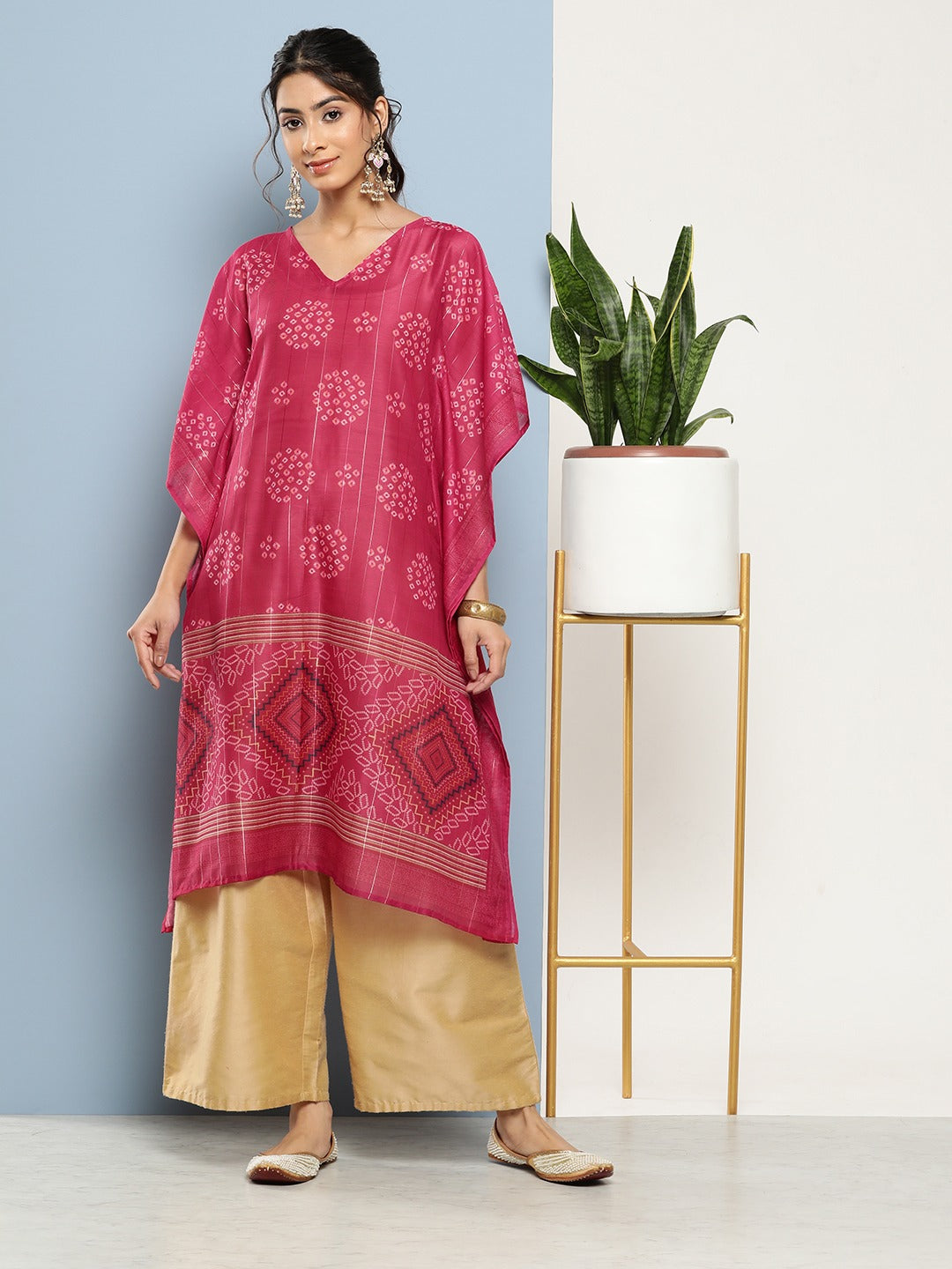 Bandhani Pink Printed Kaftan Kurta-Indiakreations-JS1211KFTPKS