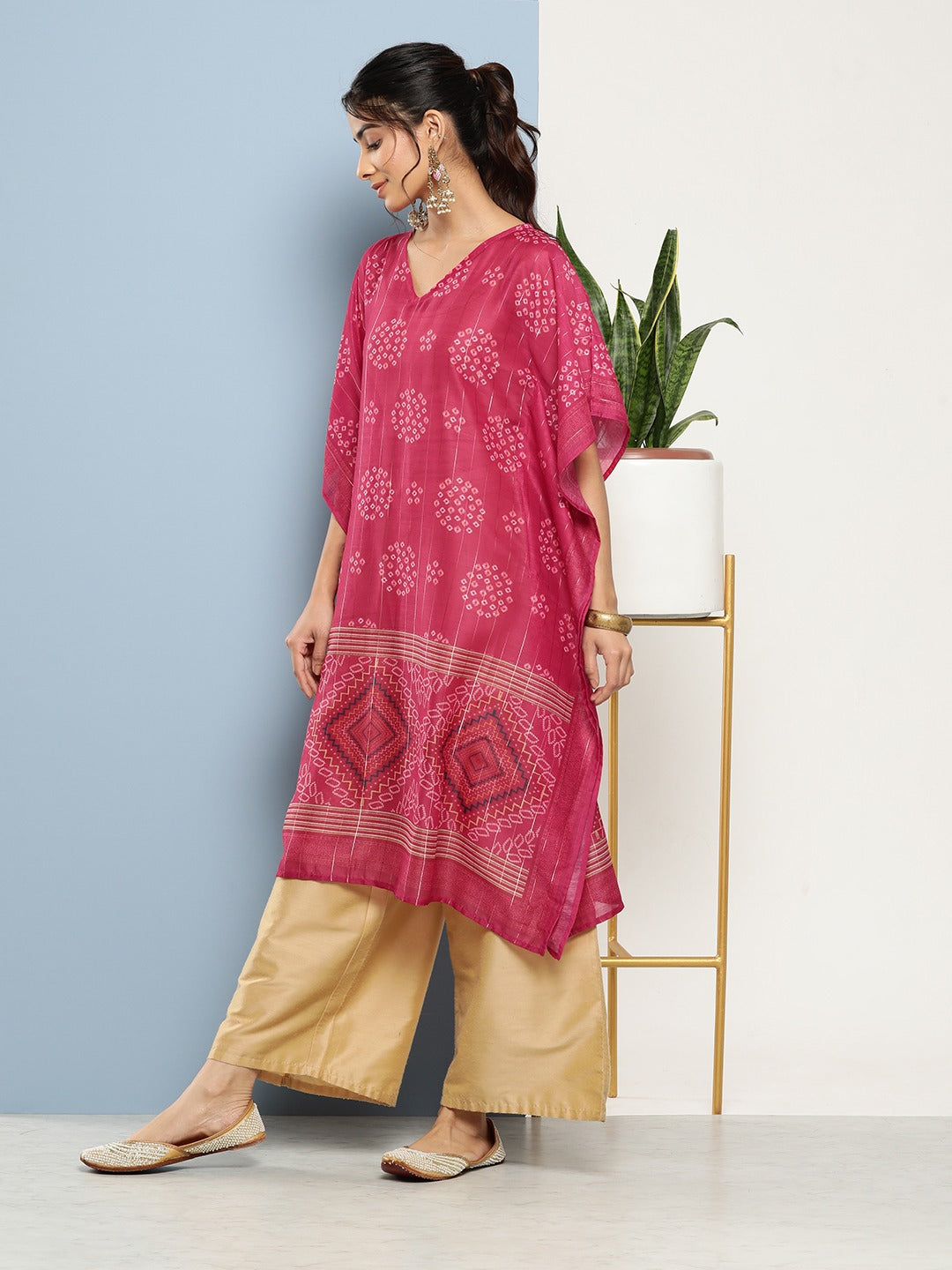 Bandhani Pink Printed Kaftan Kurta-Indiakreations-JS1211KFTPKS