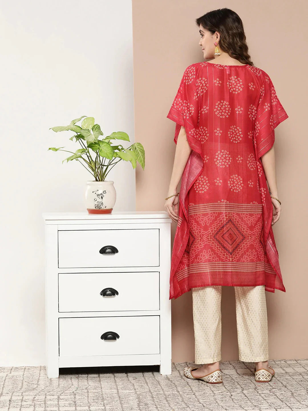 Bandhani Red Printed Kaftan Kurta-Indiakreations-JS1211KFTRDS