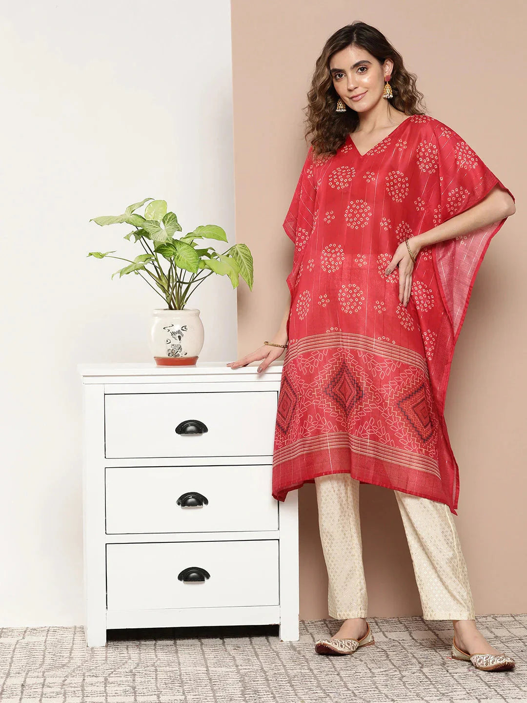 Bandhani Red Printed Kaftan Kurta-Indiakreations-JS1211KFTRDS