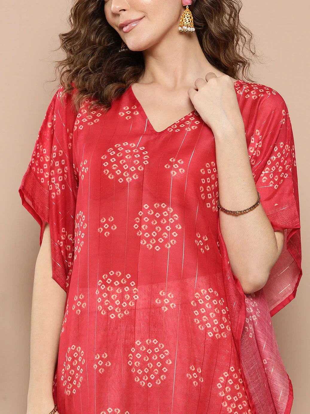 Bandhani Red Printed Kaftan Kurta-Indiakreations-JS1211KFTRDS