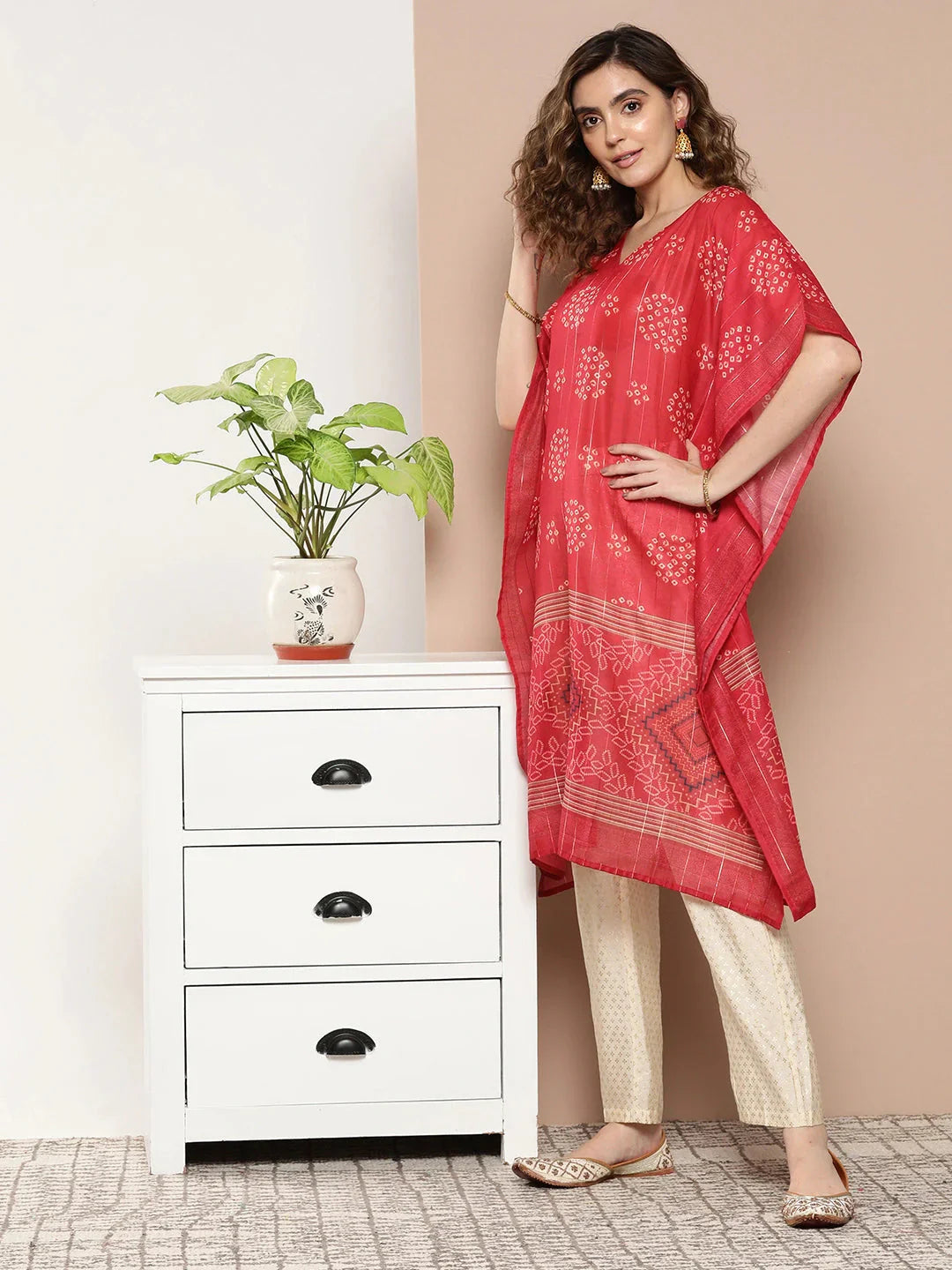 Bandhani Red Printed Kaftan Kurta-Indiakreations-JS1211KFTRDS