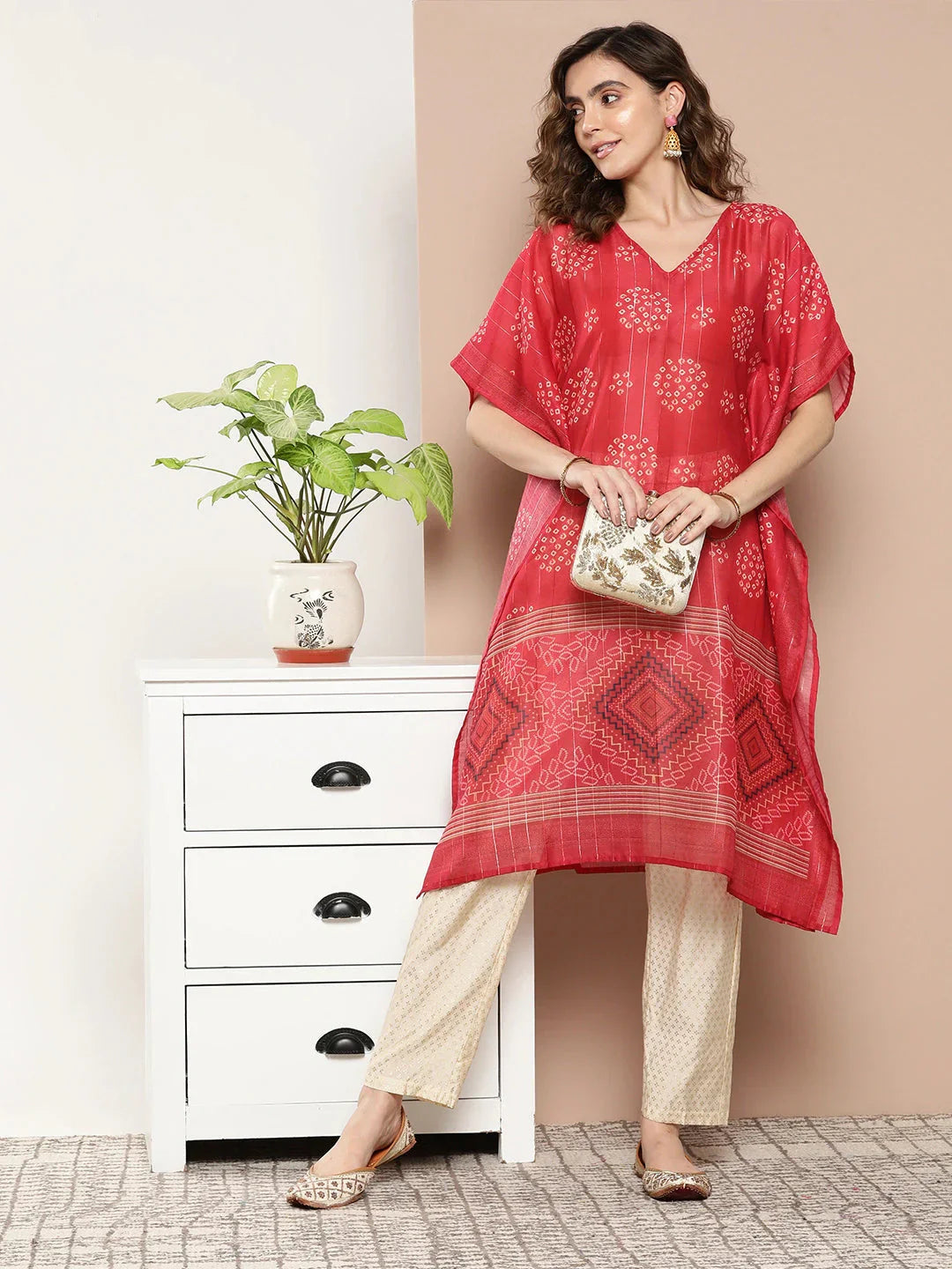 Bandhani Red Printed Kaftan Kurta-Indiakreations-JS1211KFTRDS