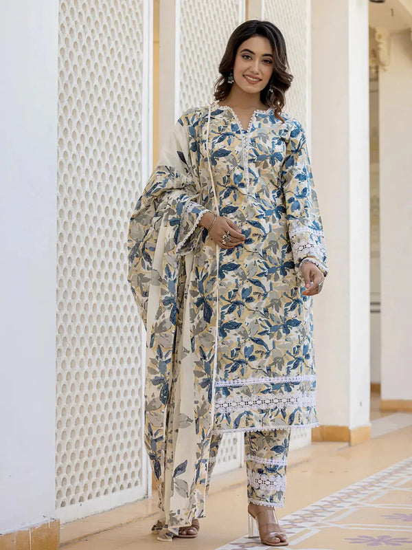 Beage Leaf Print Straight Pakistani Style Kurta Trouser And Dupatta Set-Indiakreations-JS1003SKDBGS