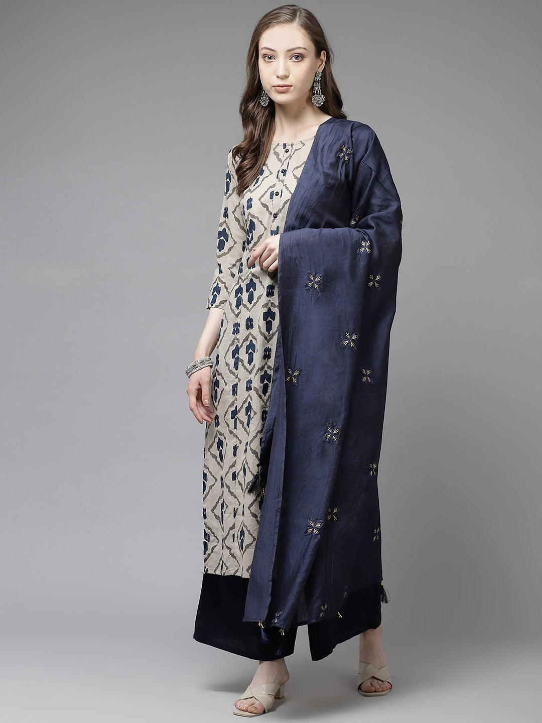 Beige & Navy Blue Printed Pure Cotton Kurta with Palazzos & Dupatta-Indiakreations-JS1555SKDBGS