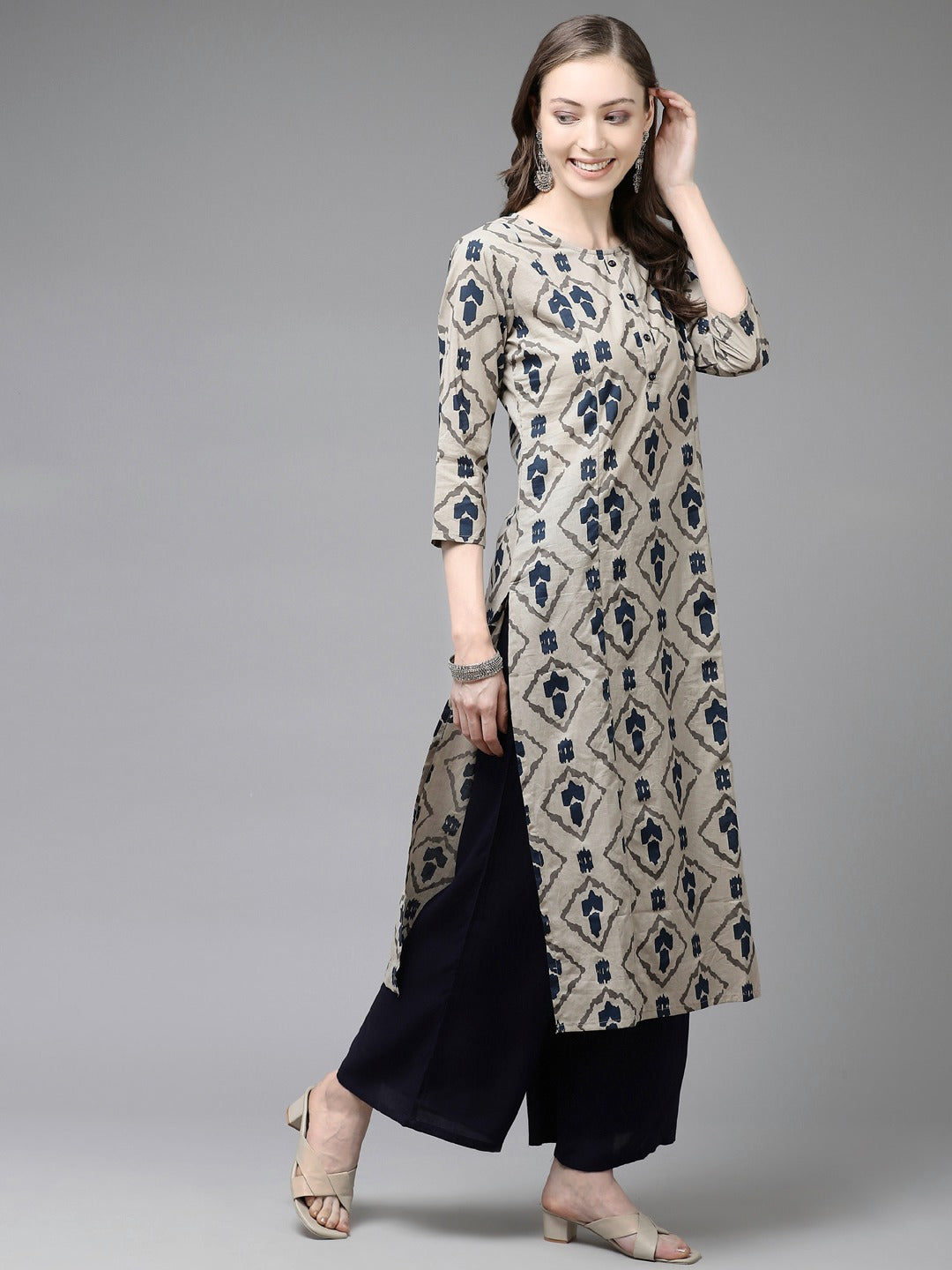 Beige & Navy Blue Printed Pure Cotton Kurta with Palazzos & Dupatta-Indiakreations-JS1555SKDBGS