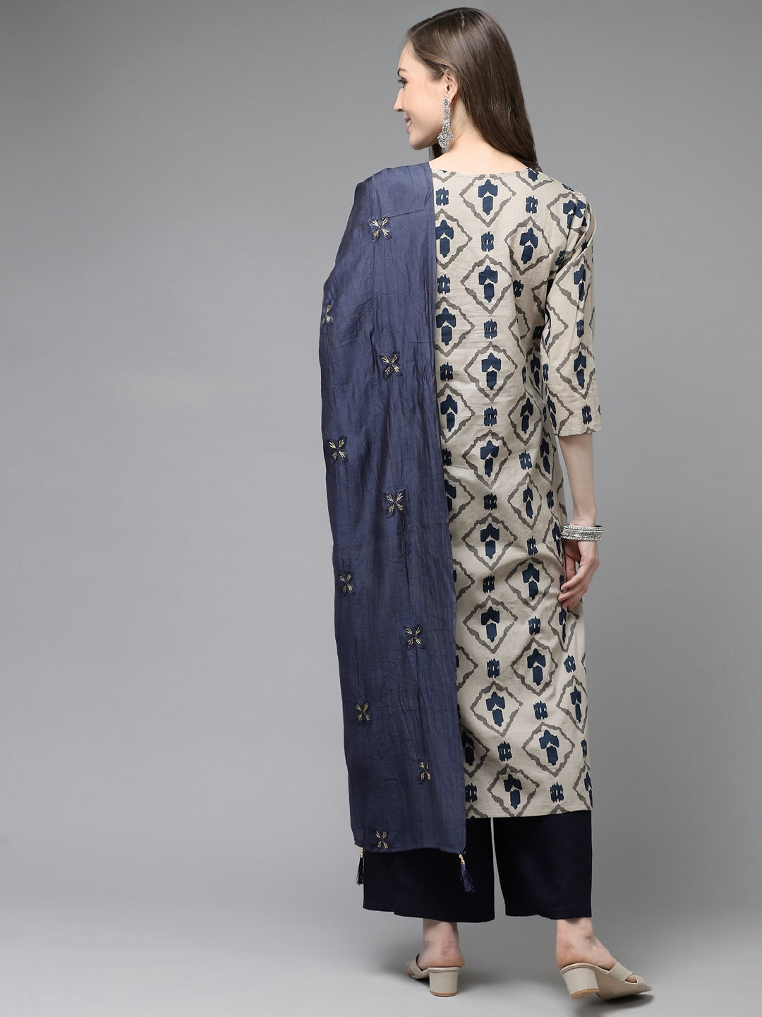 Beige & Navy Blue Printed Pure Cotton Kurta with Palazzos & Dupatta-Indiakreations-JS1555SKDBGS