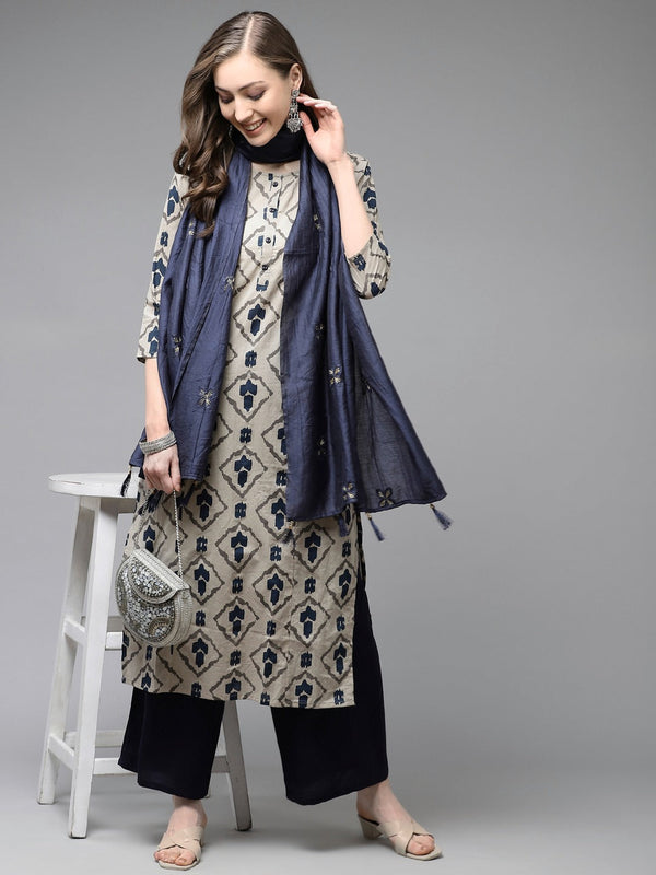 Beige & Navy Blue Printed Pure Cotton Kurta with Palazzos & Dupatta-Indiakreations-JS1555SKDBGS