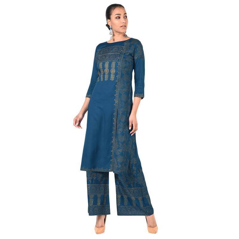 Women's Block Print Front Slit Straight Kurta With Palazzo Set - Aniyah