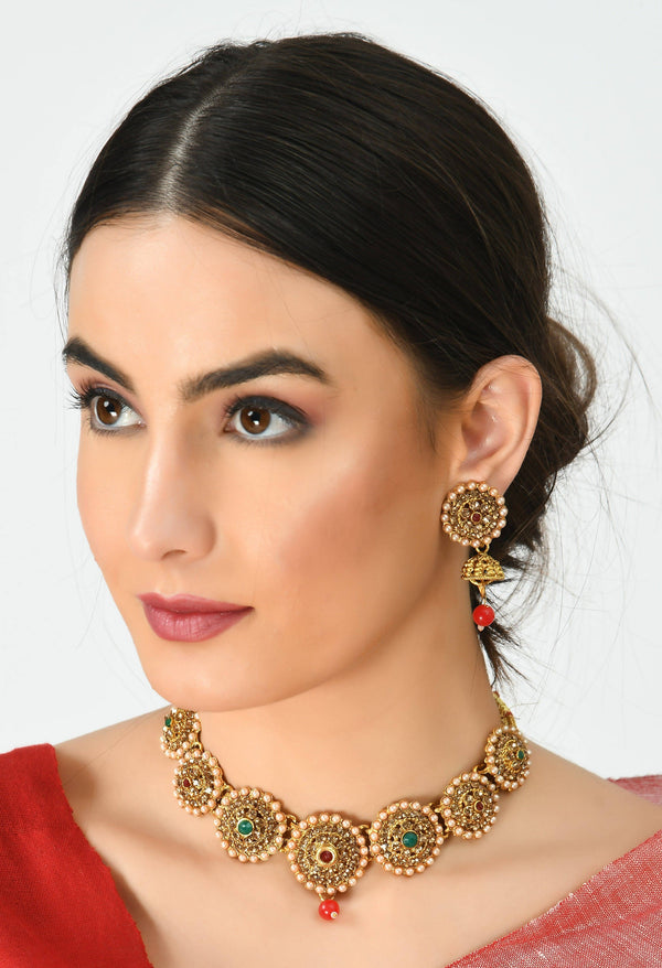 Indiakreations Gold-Plated Pearls Necklace Set Jkms_070