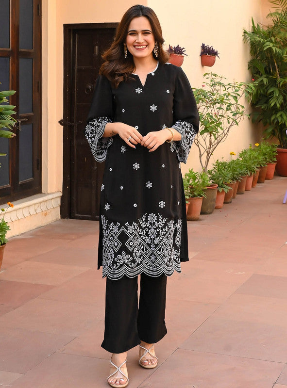 Women's Black Viscose Rayon Embroidered Kurta Set - Malishka Export