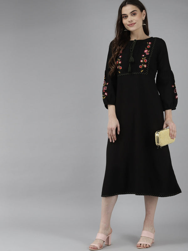 Black Cotton Embroidered Dress-Indiakreations-JS9230DRSBKS