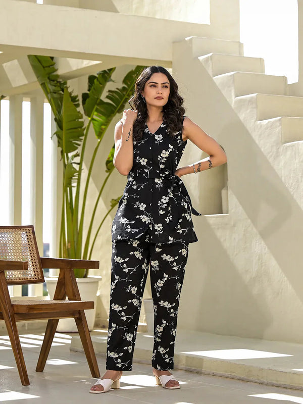 Black Cotton Floral Print Comes With A Belt Co-Ord Set-Indiakreations-JS6944CRDBKS