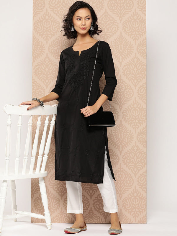 Black Embroidered Chikankari Cotton Kurta-Indiakreations-JS1285KURBKS