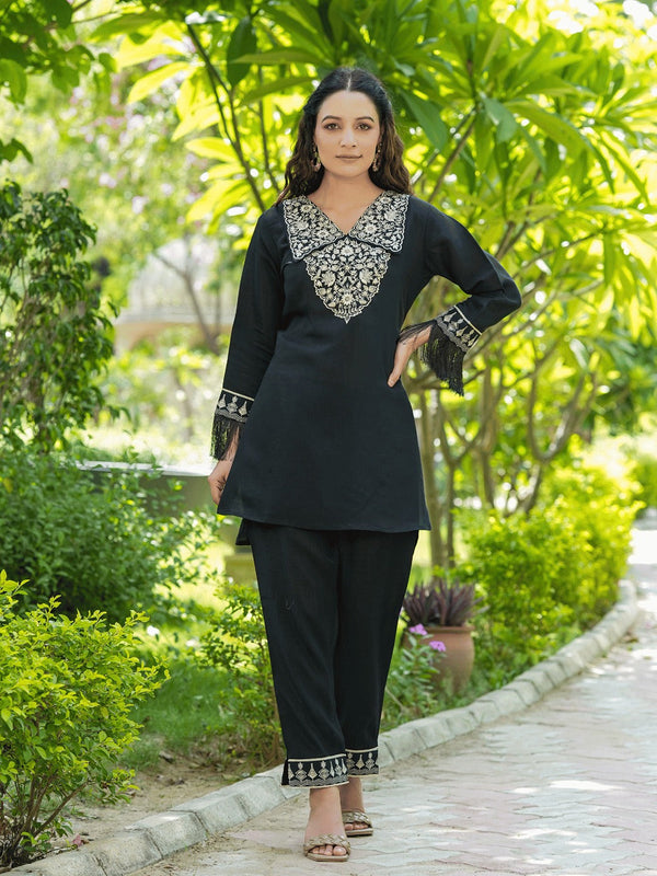 Black Embroidered Shirt And Trouser Co Ords-Indiakreations-JS1476CRDBKS