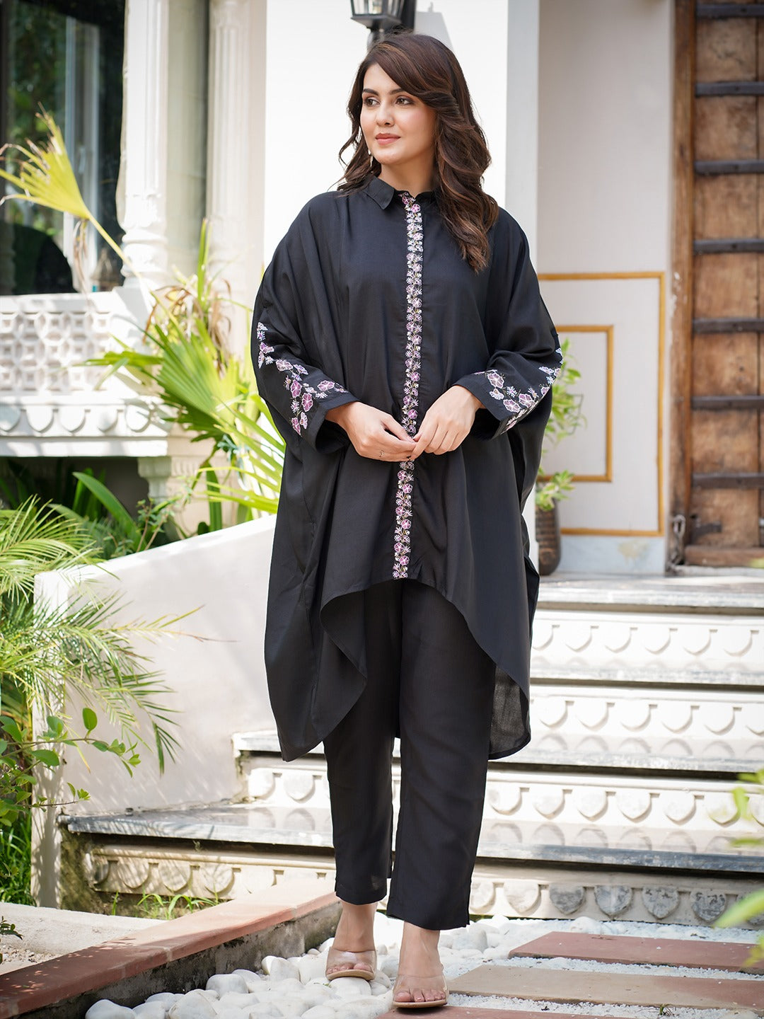 Black Embroidery Oversized asymmetric Co Ord-Indiakreations-JS1506CRDBKS