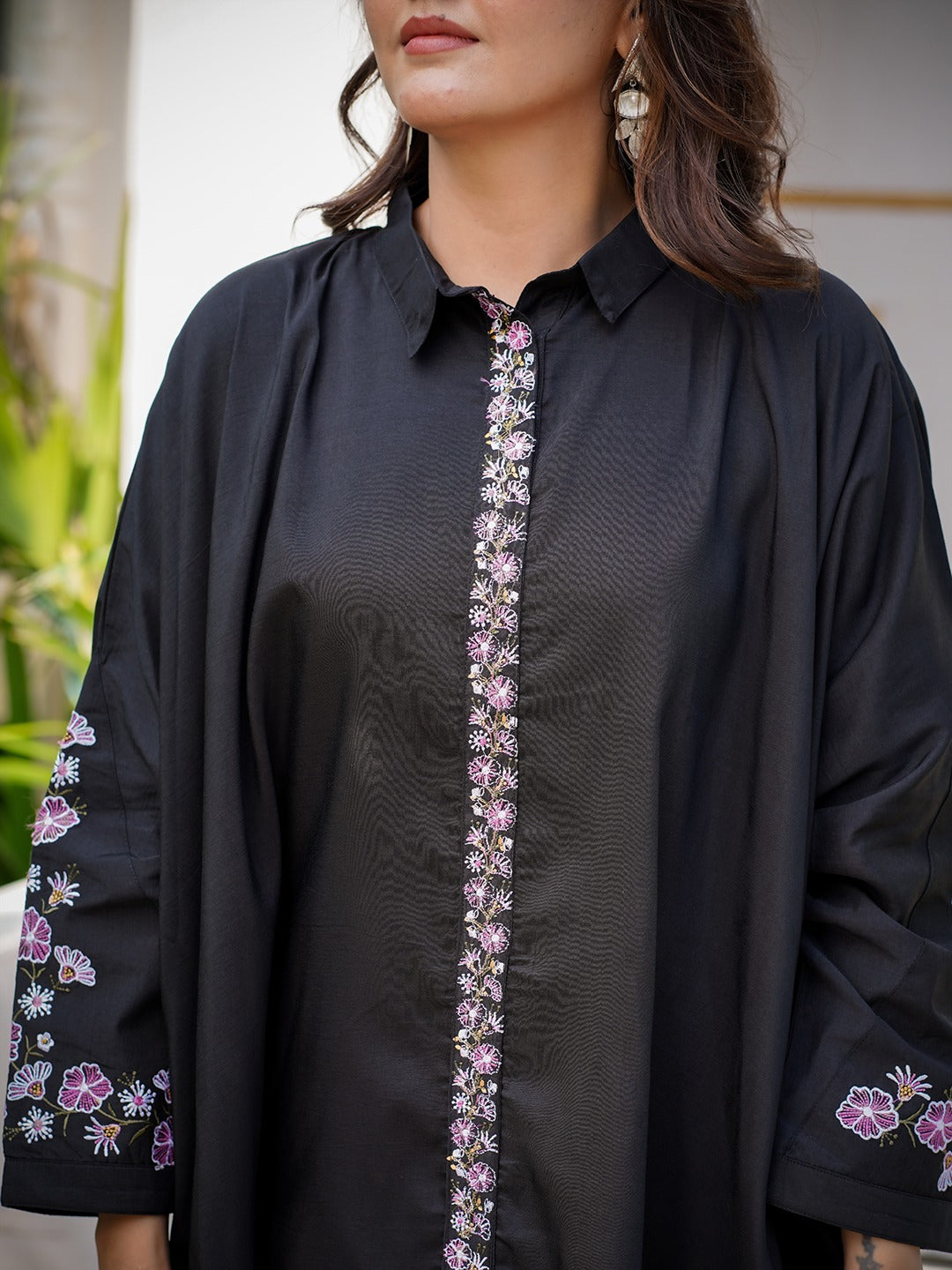 Black Embroidery Oversized asymmetric Co Ord-Indiakreations-JS1506CRDBKS