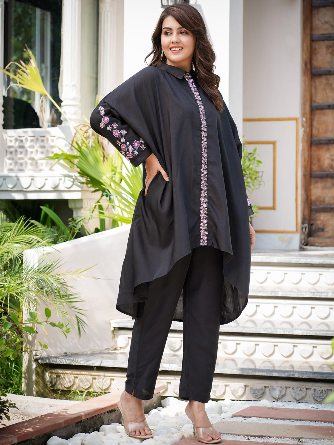 Black Embroidery Oversized asymmetric Co Ord-Indiakreations-JS1506CRDBKS