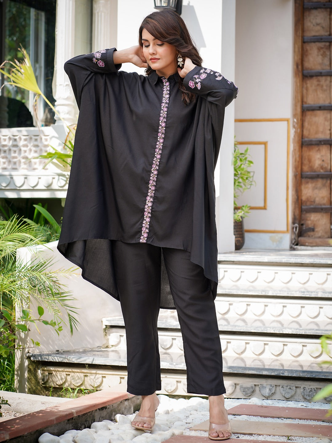 Black Embroidery Oversized asymmetric Co Ord-Indiakreations-JS1506CRDBKS