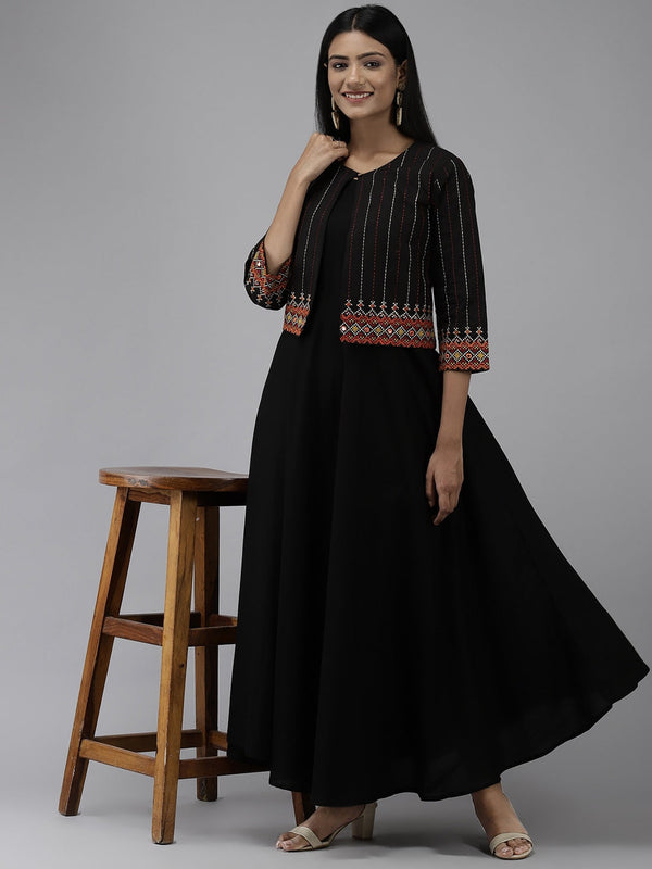 Black Ethnic Dress with Jacket-Indiakreations-JS9689DRSBKS