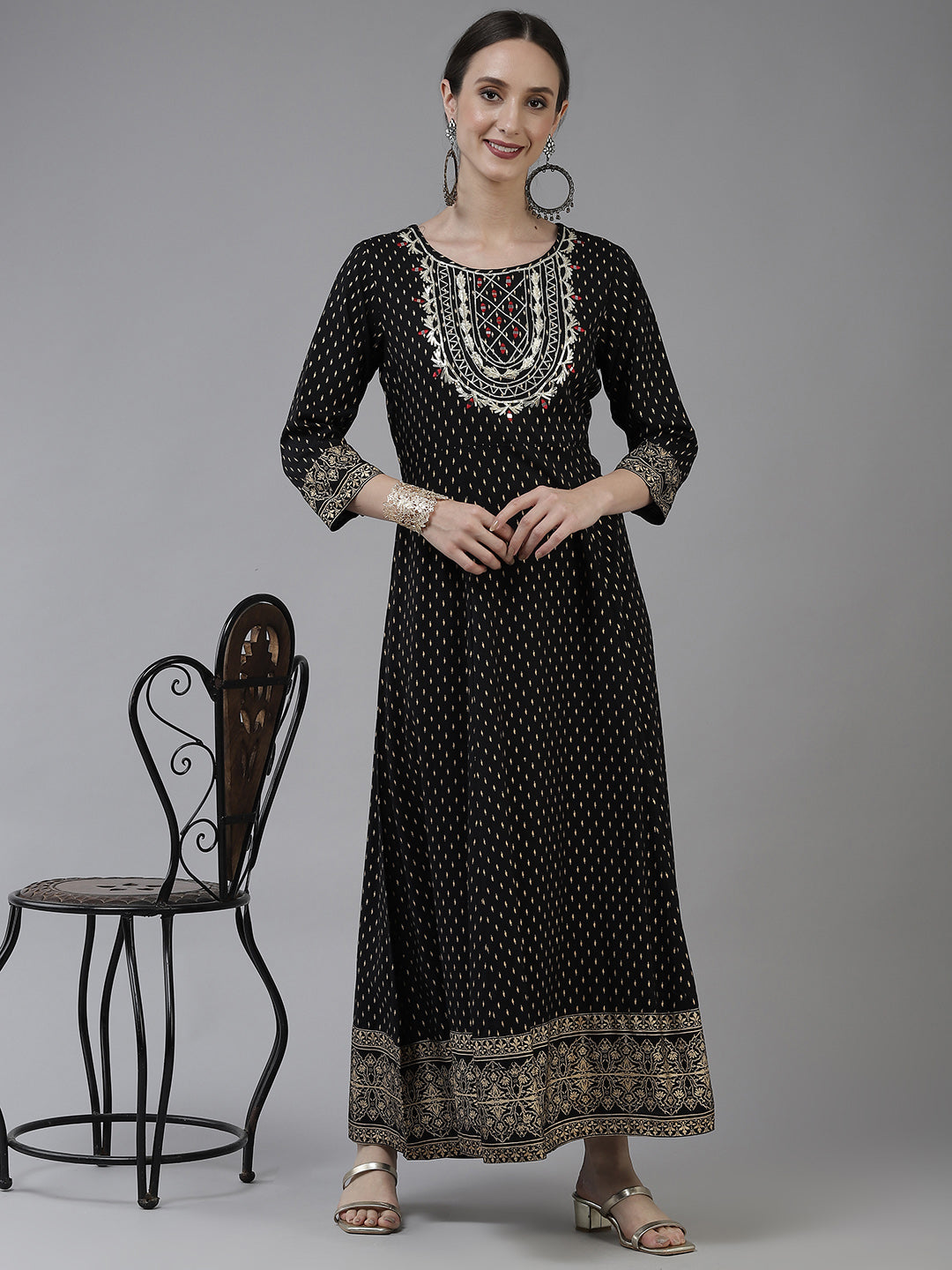 Black Ethnic Motifs Dress-Indiakreations-JS5802DRSBKS