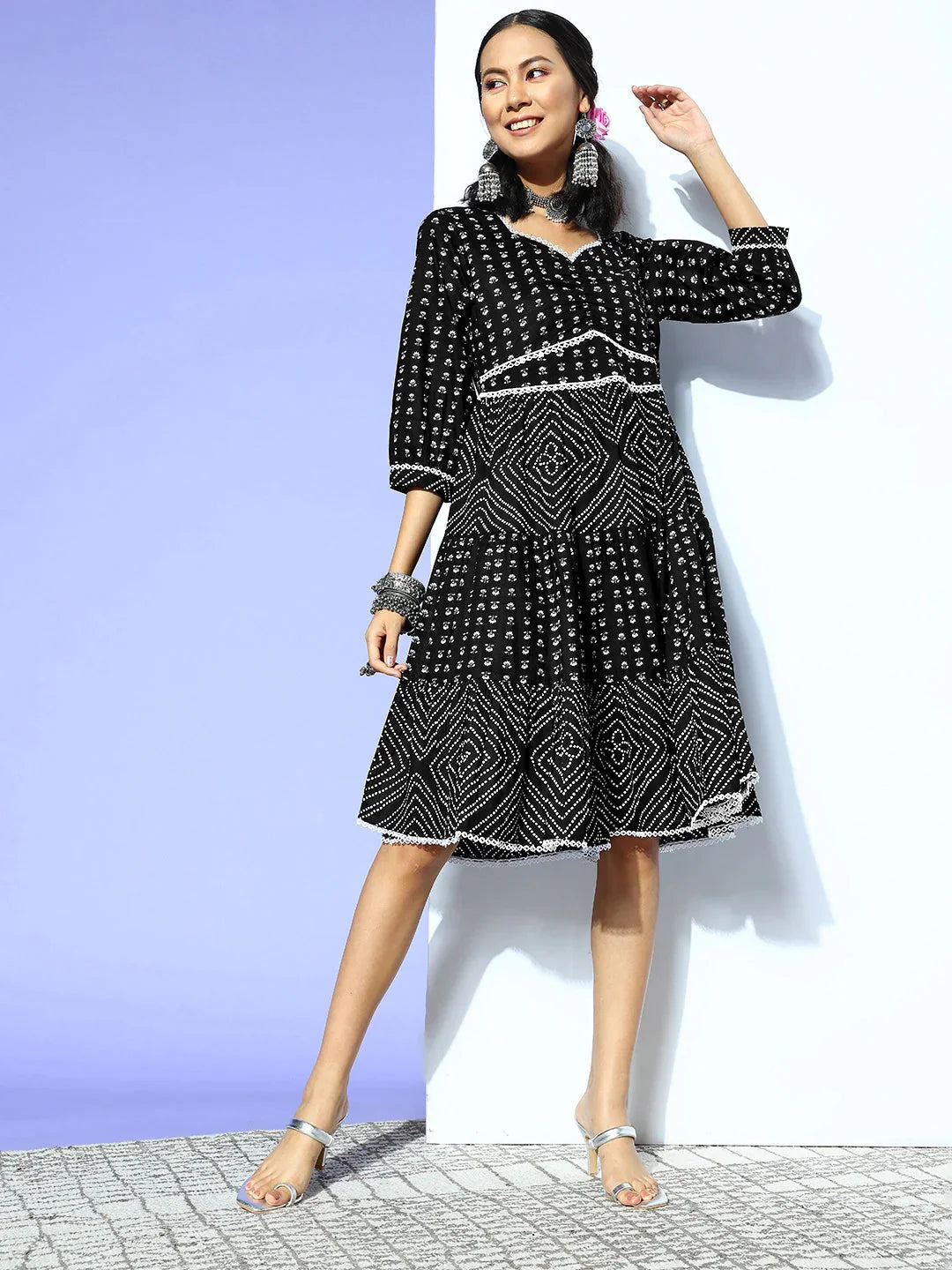 Black Ethnic Motifs Indie Gal Dress-Indiakreations-JS8103DRSBKXS