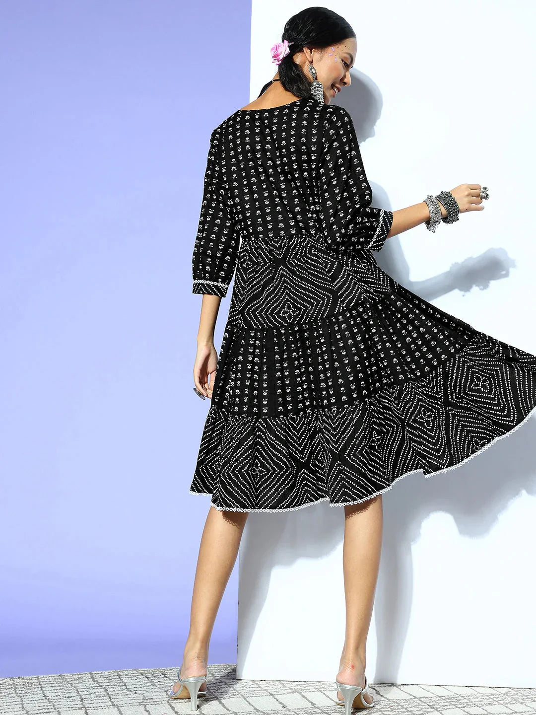 Black Ethnic Motifs Indie Gal Dress-Indiakreations-JS8103DRSBKXS