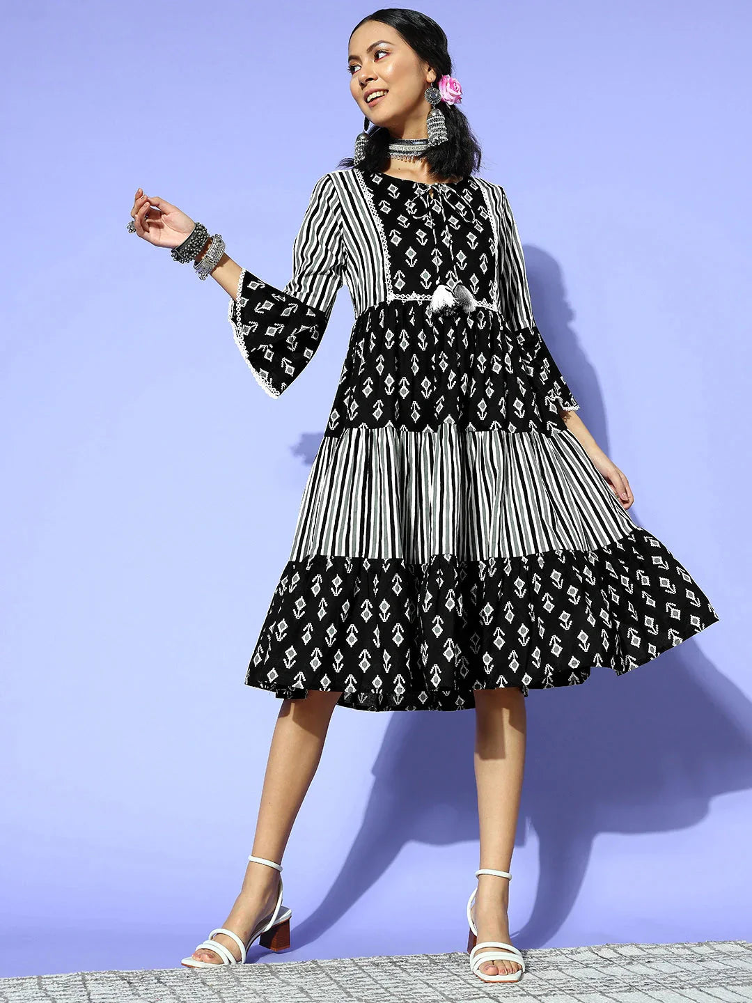 Black Ethnic Motifs Indie Gal Dress-Indiakreations-JS8104DRSBKXS