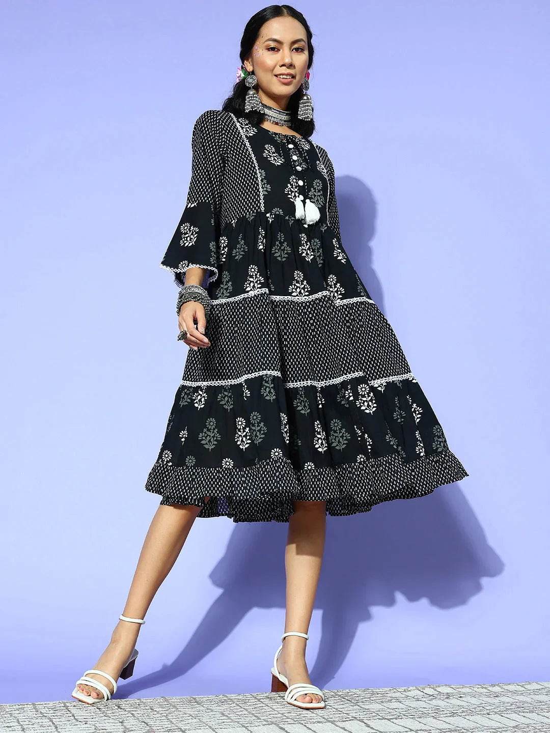 Black Ethnic Motifs Indie Gal Dress-Indiakreations-JS8107DRSBKXS